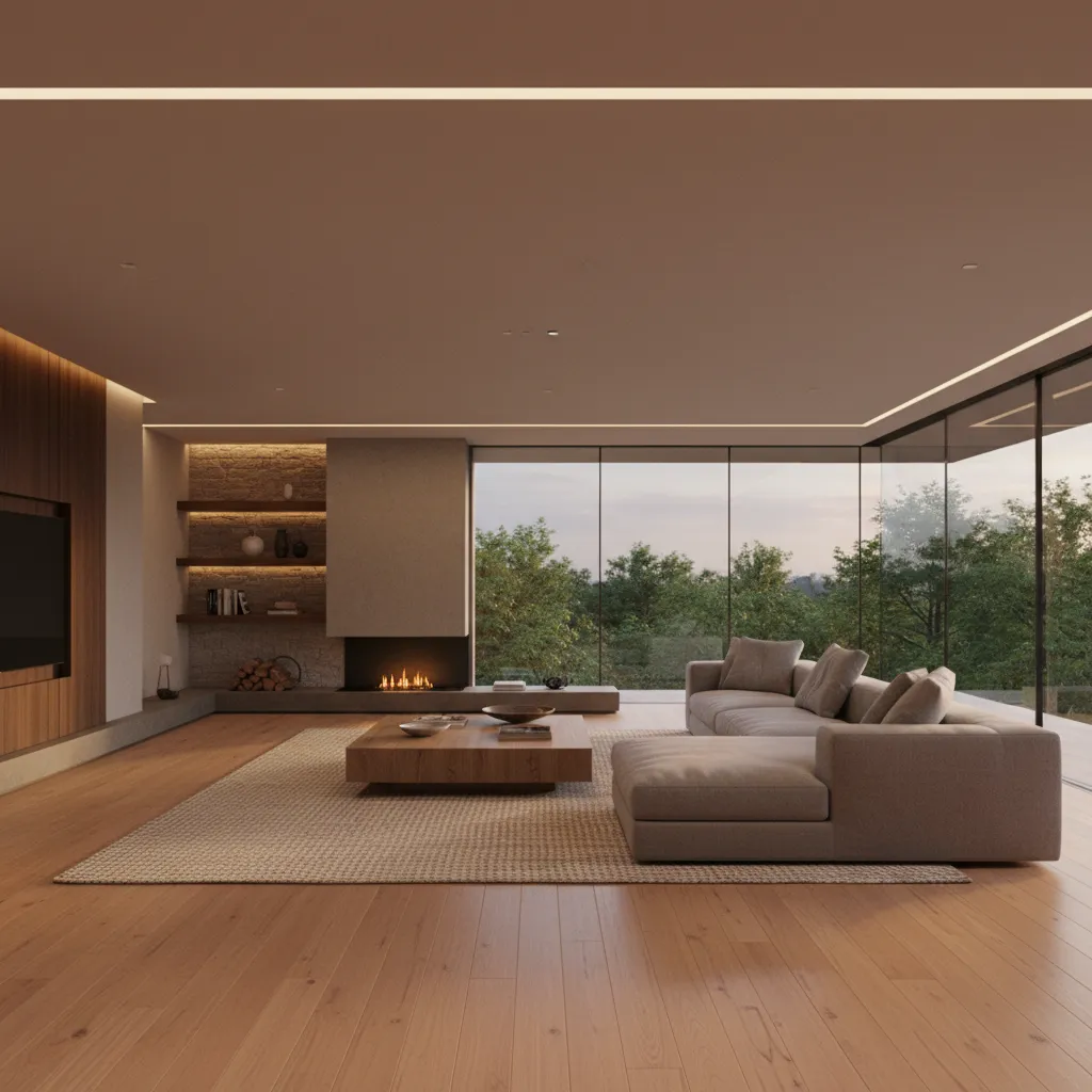 Render interior de salón moderno generado desde un plano digital