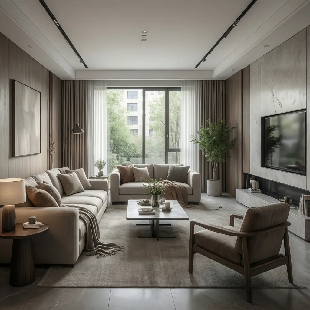 Modern living room with beige sofa wood wall panels large window green plant marble wall