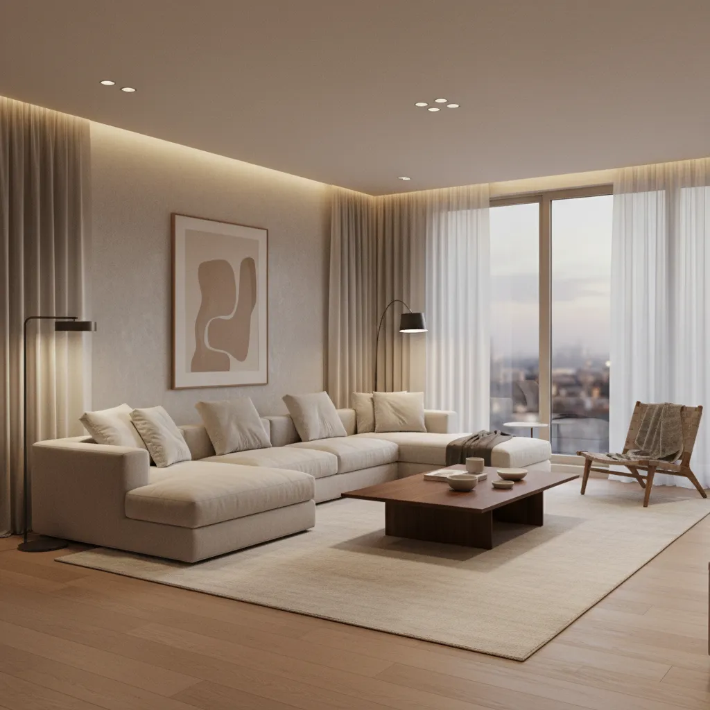 Render realista de una sala moderna usado para presentar proyecto interior