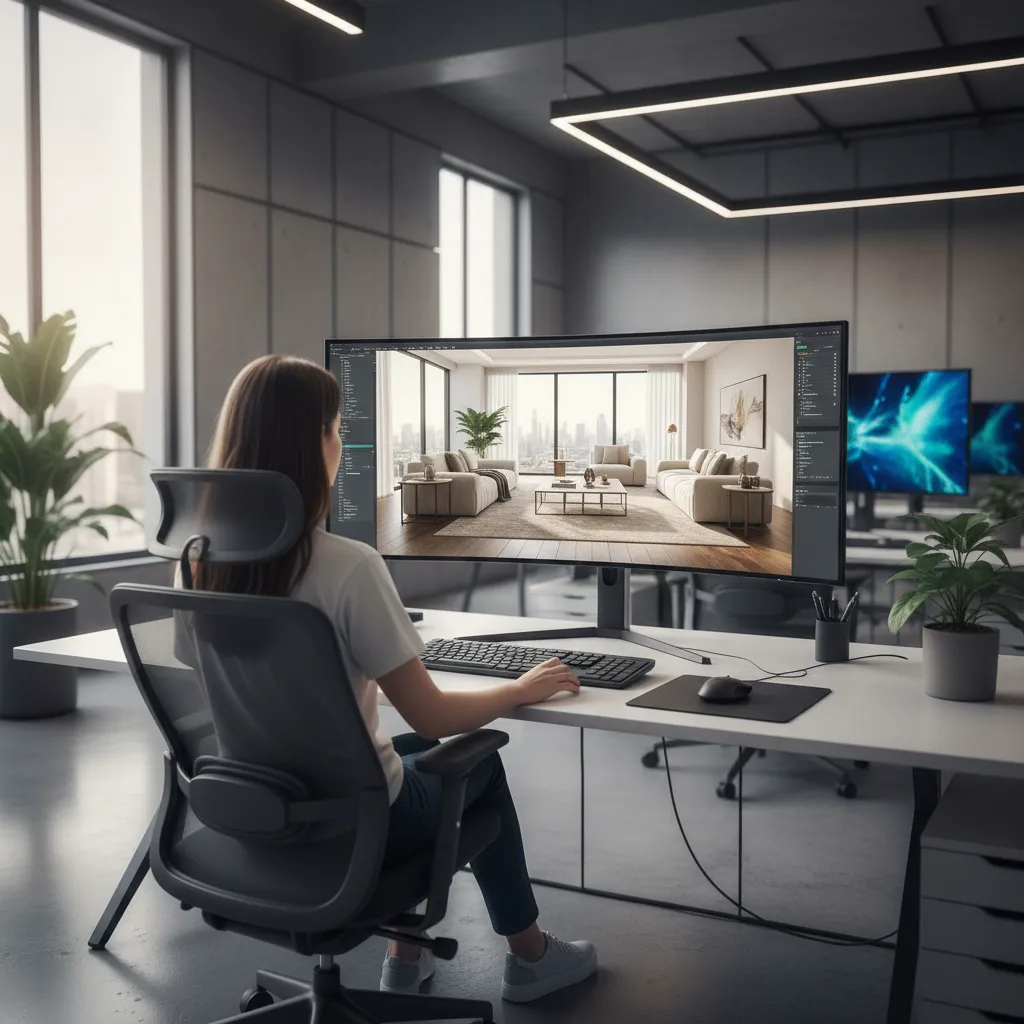 Diseñador revisando render de interior en pantalla