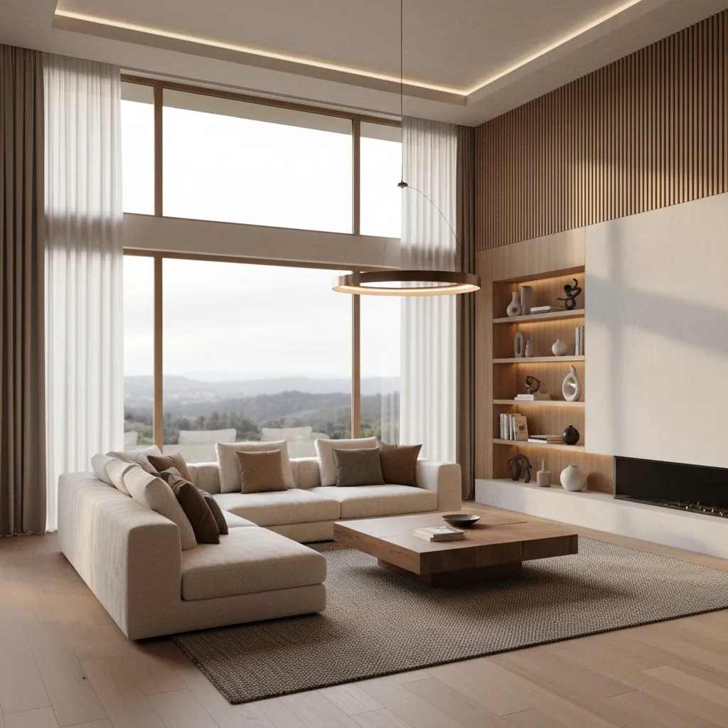 Render realista de un salón contemporáneo creado para un proyecto de interiorismo