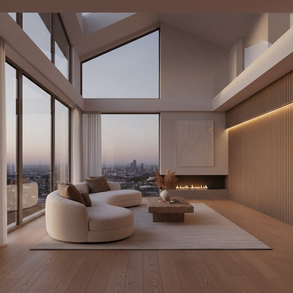 Modern living room with curved sofa wooden coffee table fireplace wall panel city sunset view
