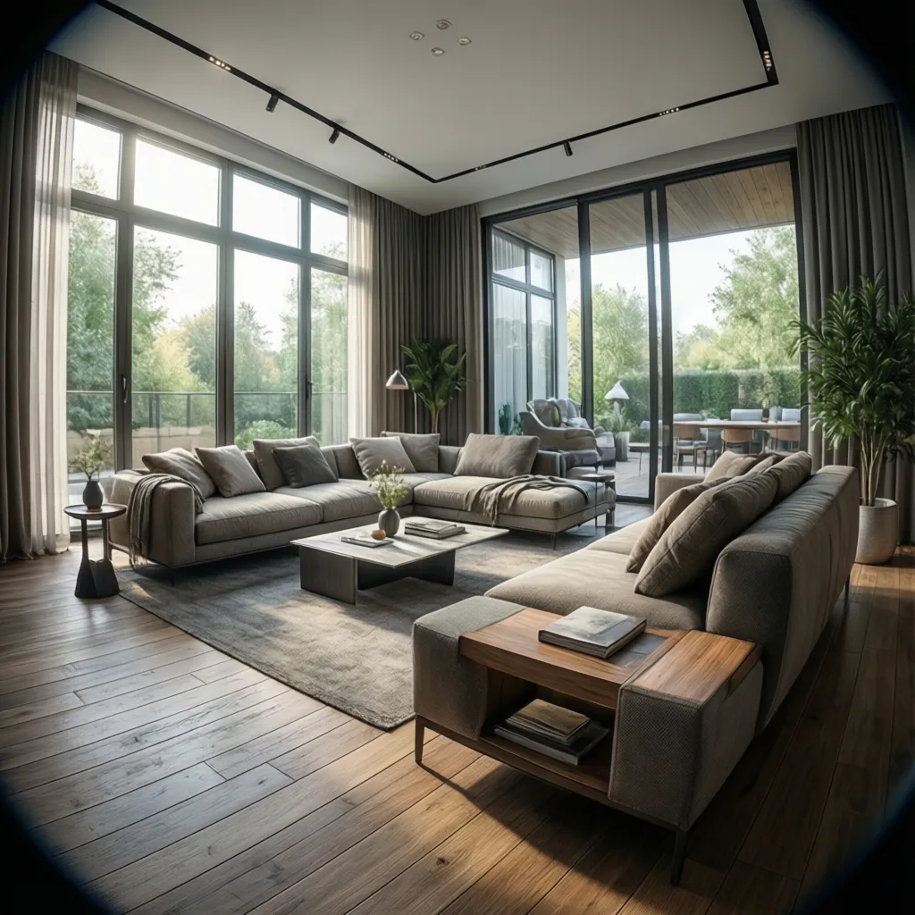 Render 3D realista de un salón moderno diseñado digitalmente