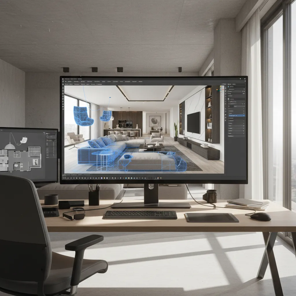 Escena de modelado de interior mostrando mobiliario y distribución en 3D