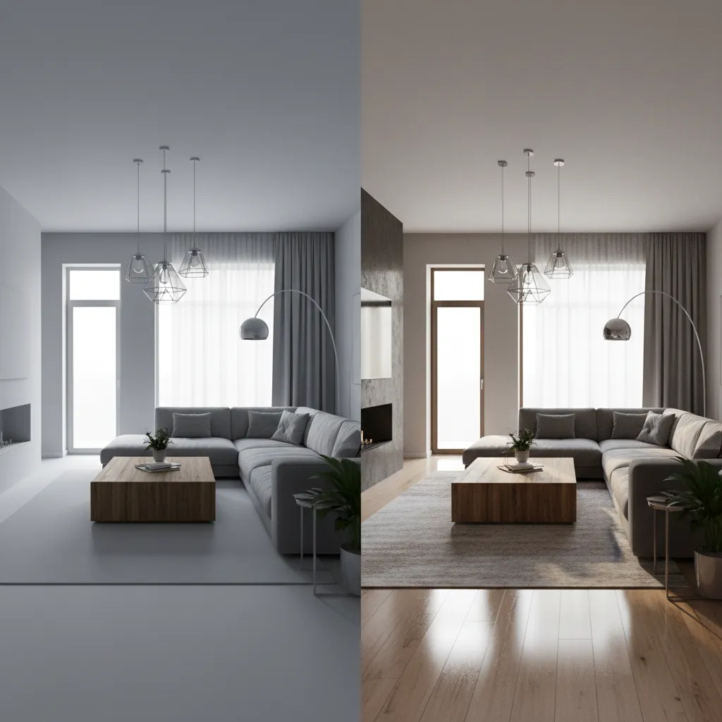 Interior design concept compared with final photorealistic render