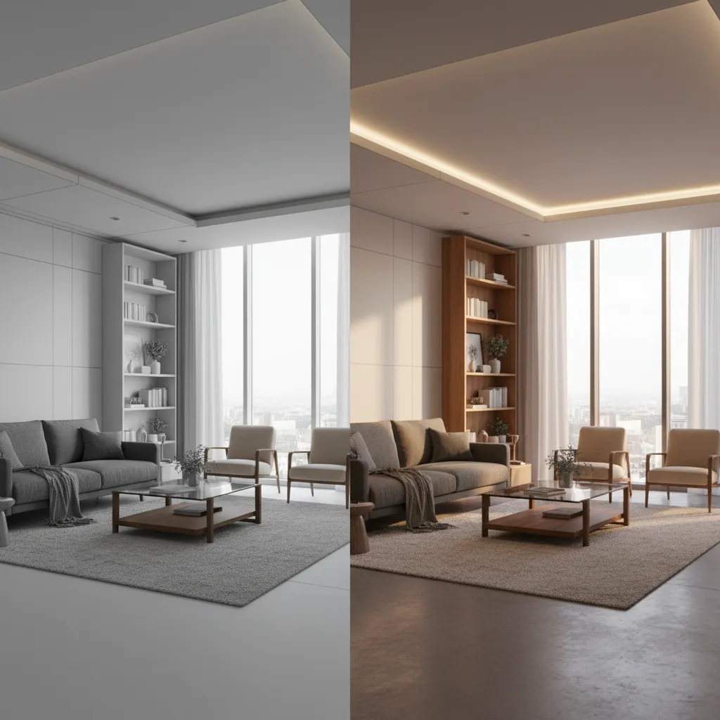 Side by side comparison of living room from simple sketch to realistic interior design drawing
