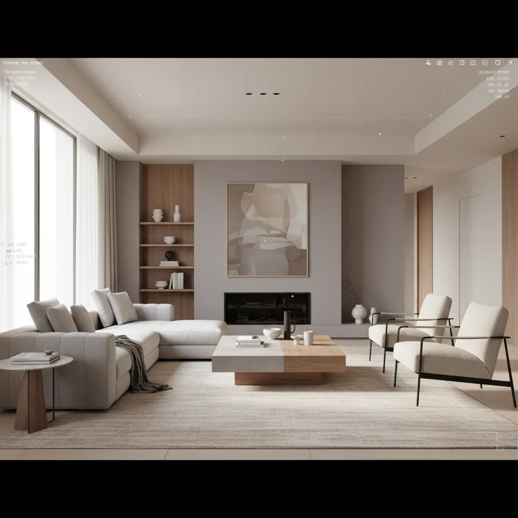 Minimalist living room with grey sofa cream chairs wooden coffee table fireplace and abstract painting