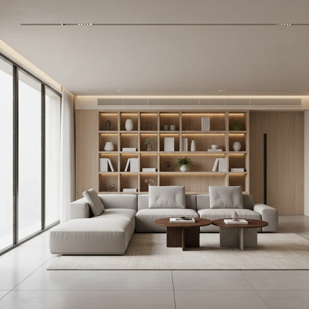 Realistic interior render of a living room created using design visualization software