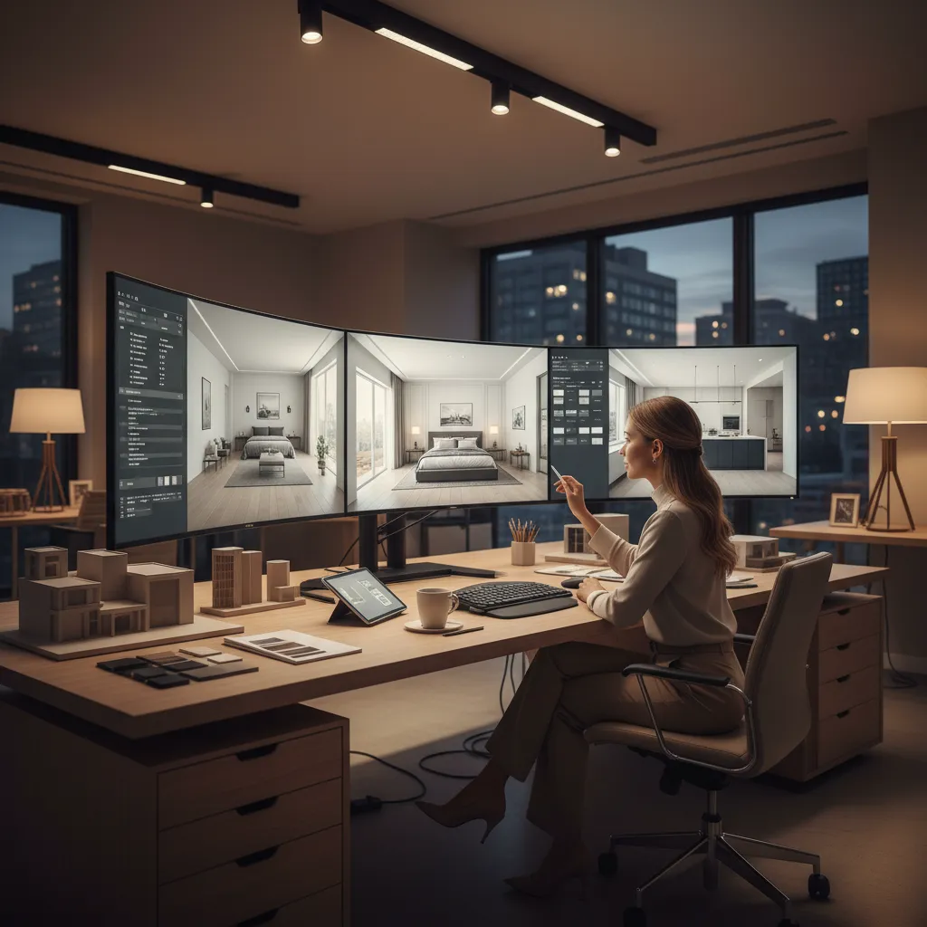 Interior designer reviewing multiple 3D renderings on screen for project presentation