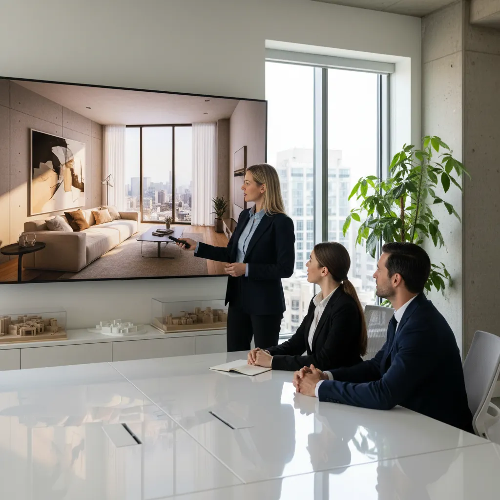 Designer presenting interior 3D renderings on a screen during a client meeting