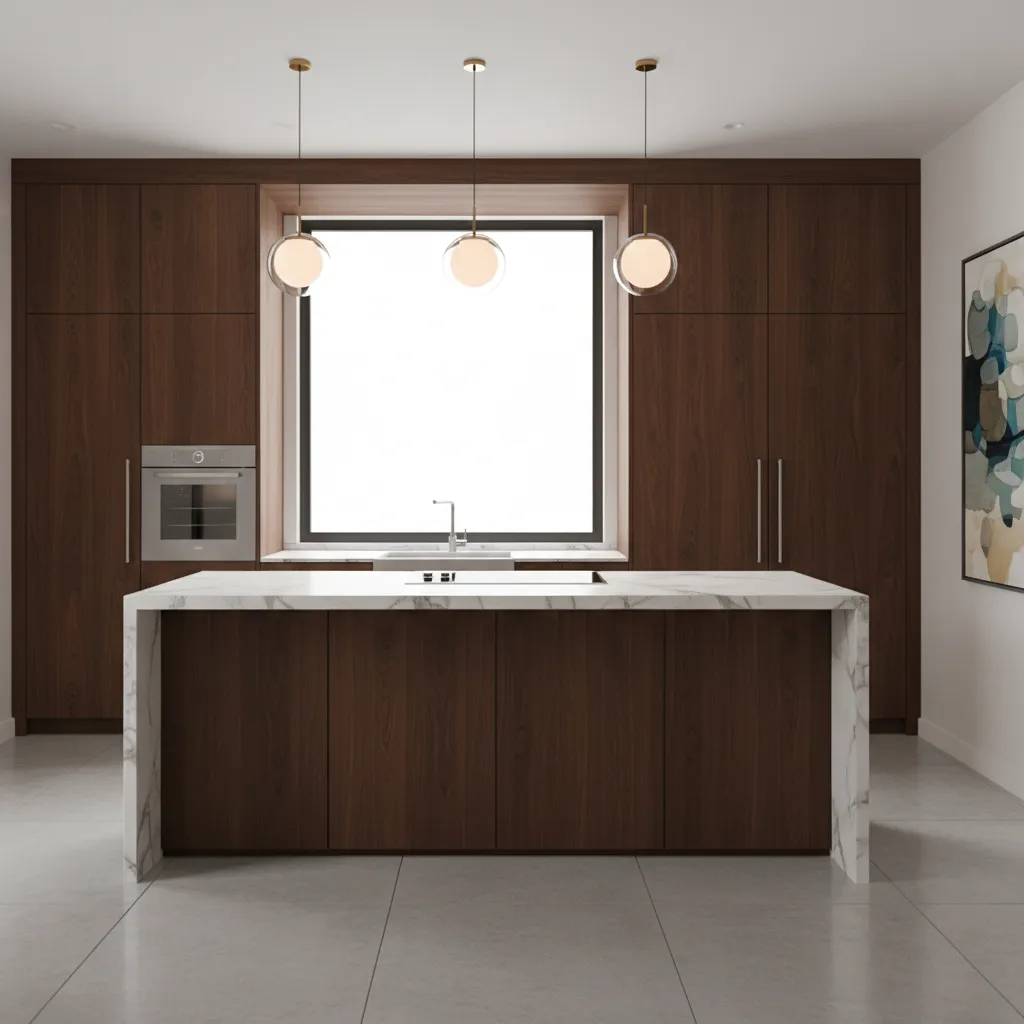 Modern kitchen with dark wood cabinets white marble island three ceiling lights and large window