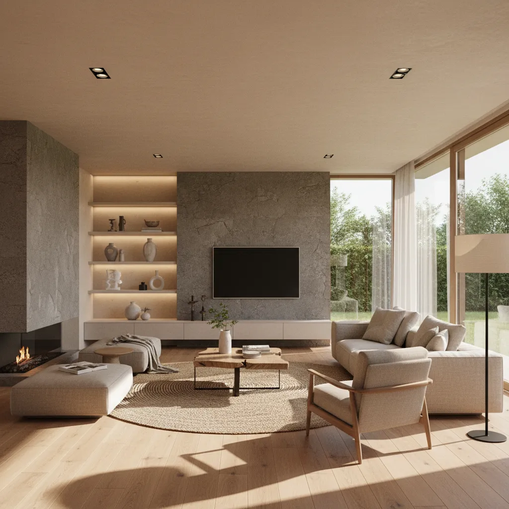 Modern living room featuring a grey sofa wooden floor stone wall fireplace and large windows