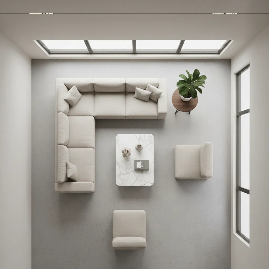 3D interior layout visualization showing furniture placement and spatial planning