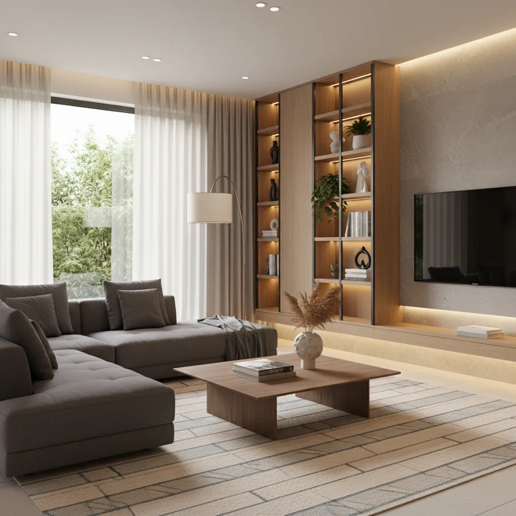 3D interior rendering layout showing lighting setup and furniture arrangement