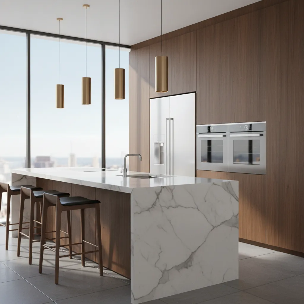 3D rendered kitchen interior showing materials lighting and finishes