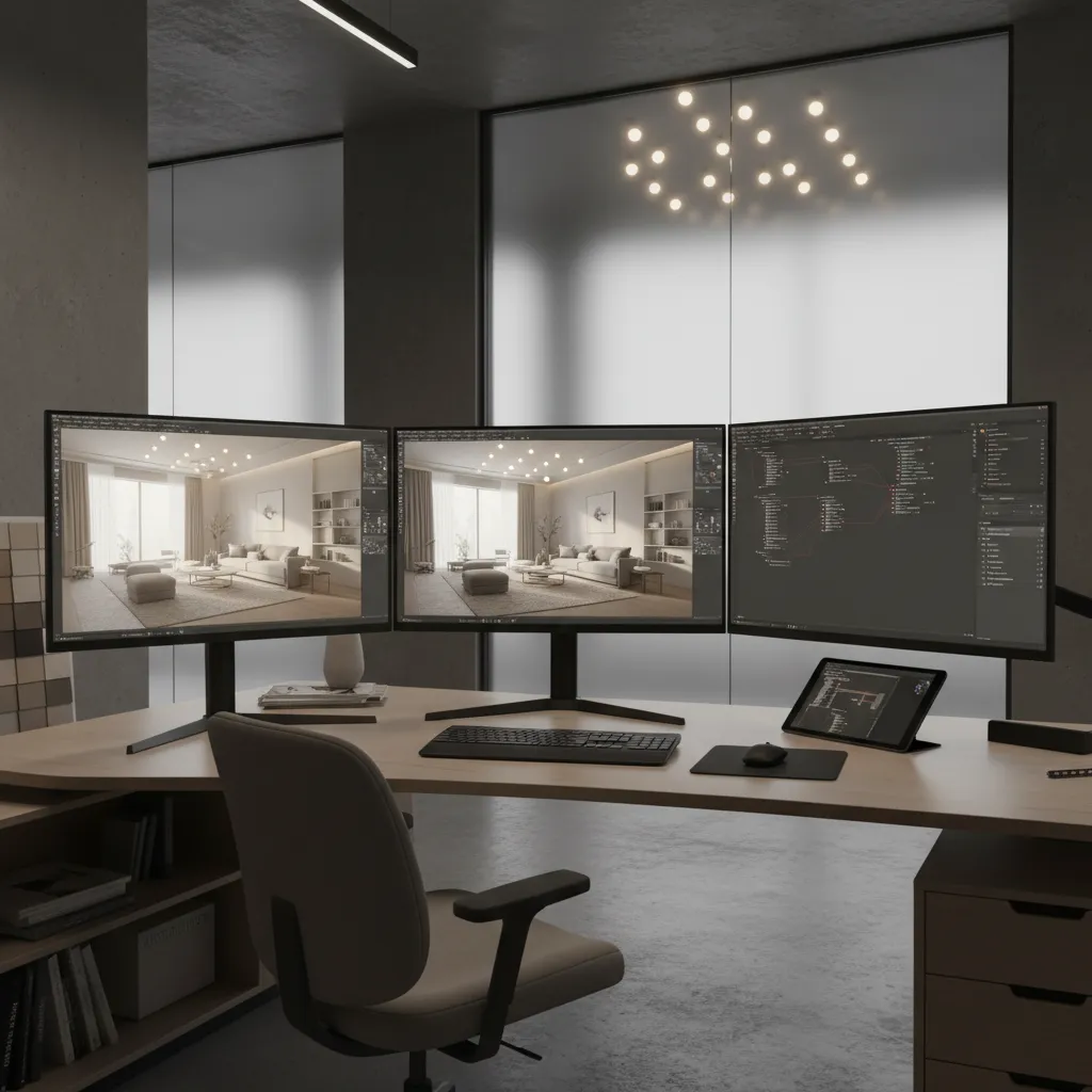 3D interior rendering scene showing lighting setup and realistic visualization