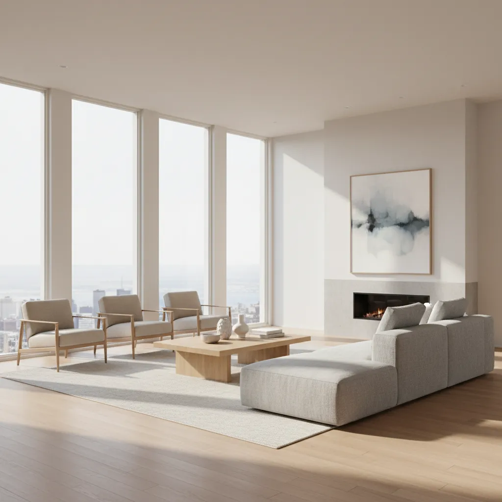 Photorealistic 3D rendered modern living room interior visualization