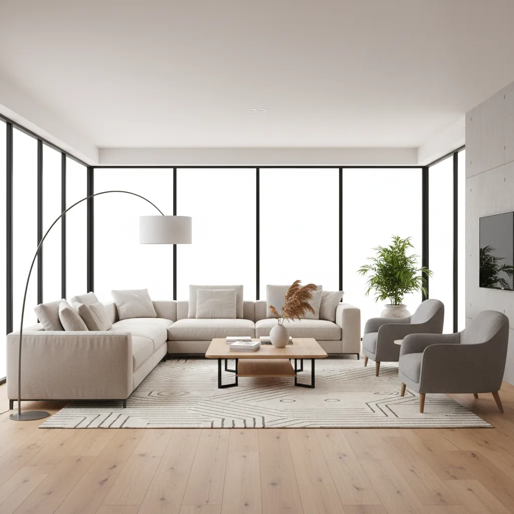3D interior rendering showing a modern living room layout with sofa, lighting, and realistic materials