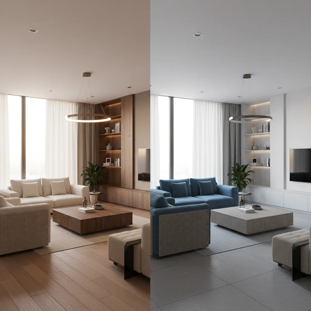 Comparison of different lighting and materials in interior rendering scenes
