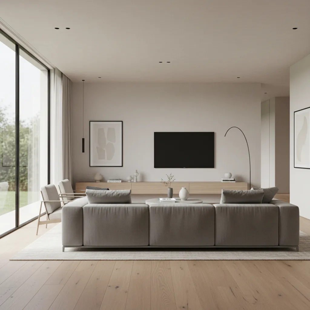 Render realista de salón moderno utilizado en proyectos de interiorismo