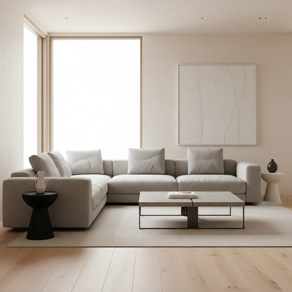 Photorealistic 3D rendering of a modern living room interior design