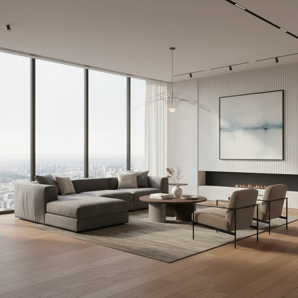 photorealistic interior render showing lighting materials and furniture