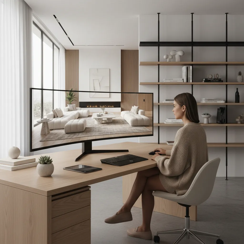 designer reviewing interior rendering on large monitor in modern studio