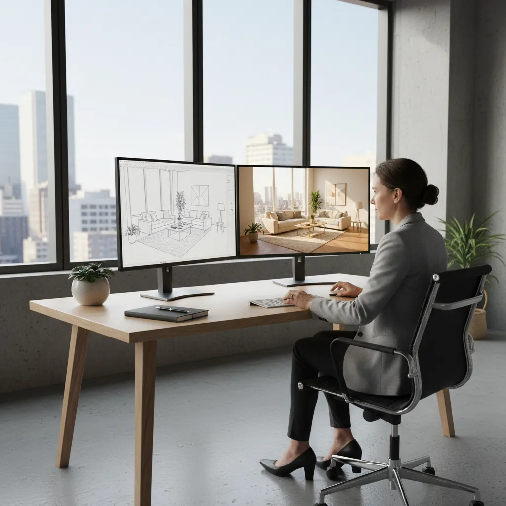 designer creating interior rendering on computer with 3D model and lighting preview