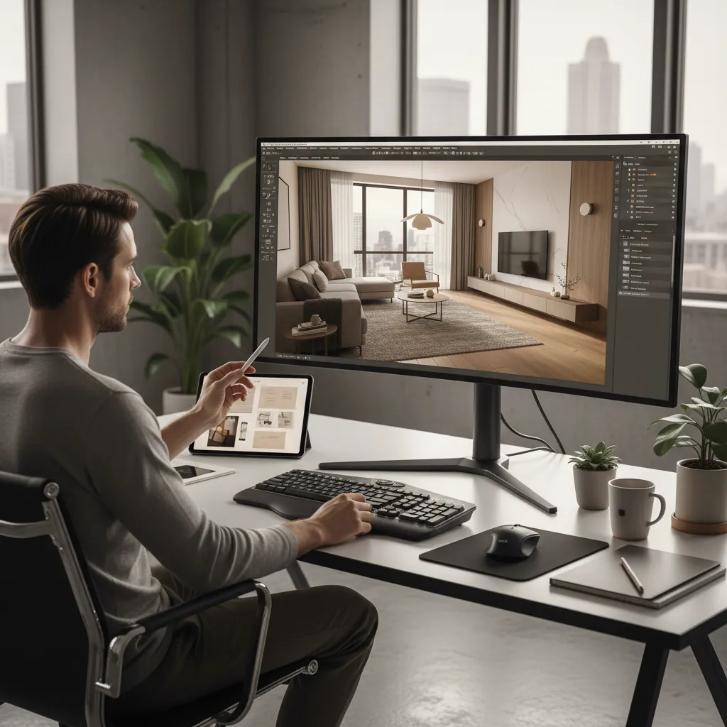 Designer working on interior rendering software with 3D room model on screen