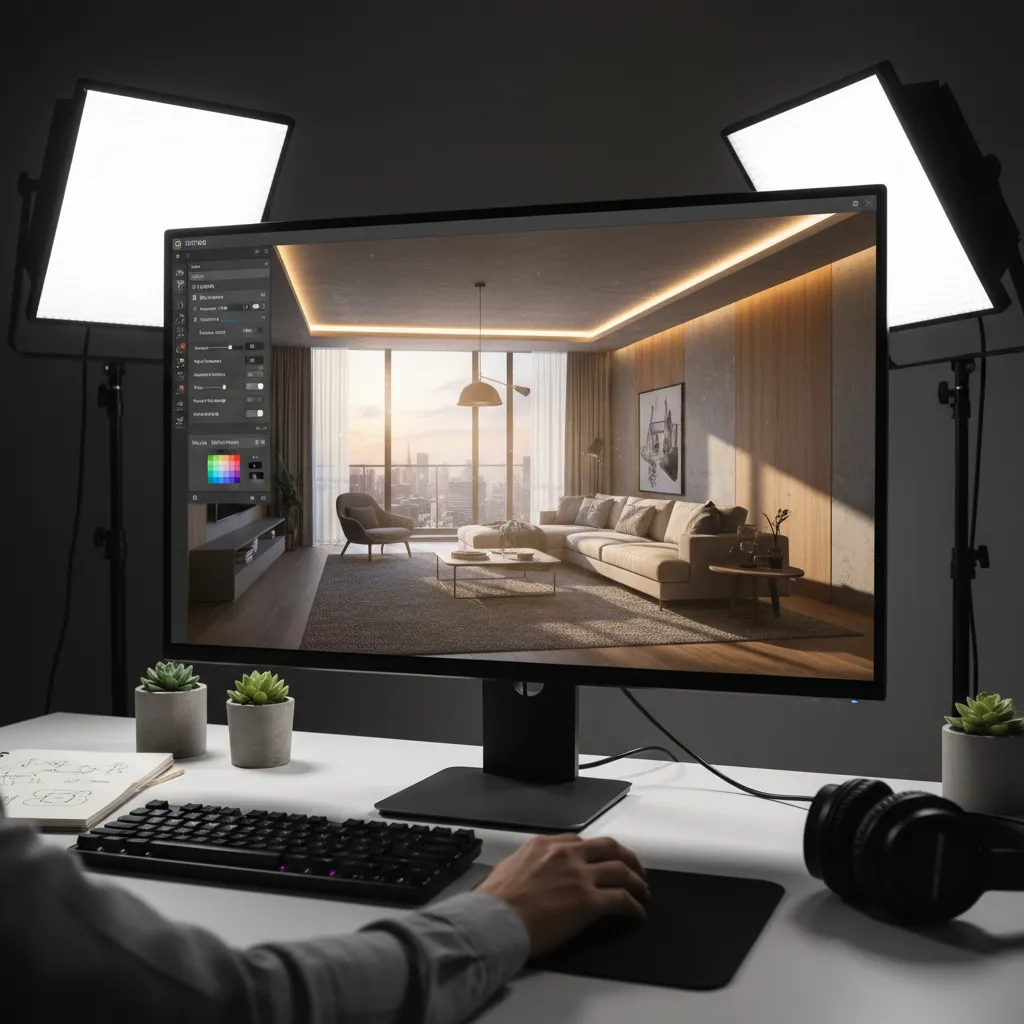 interior designer adjusting lighting in 3D rendering software interface