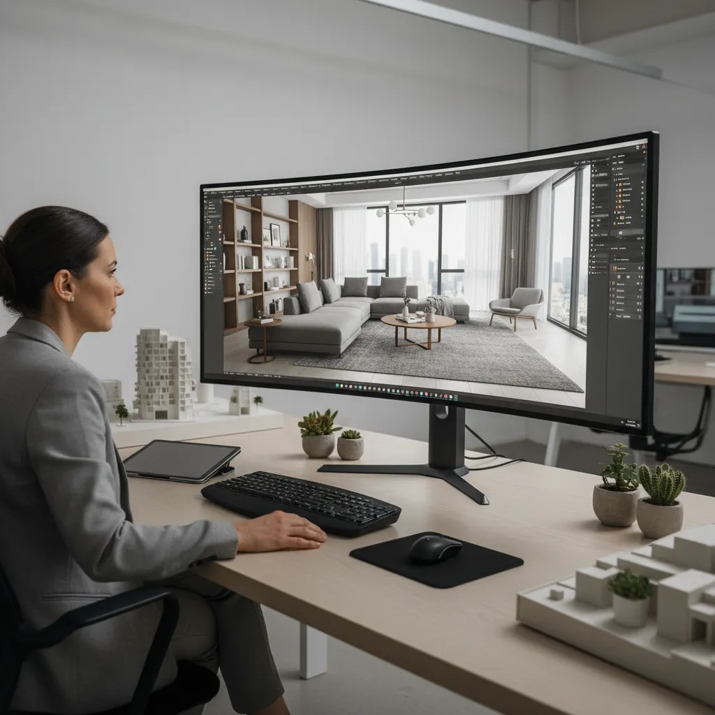 Interior designer working on 3D rendering software showing a living room scene