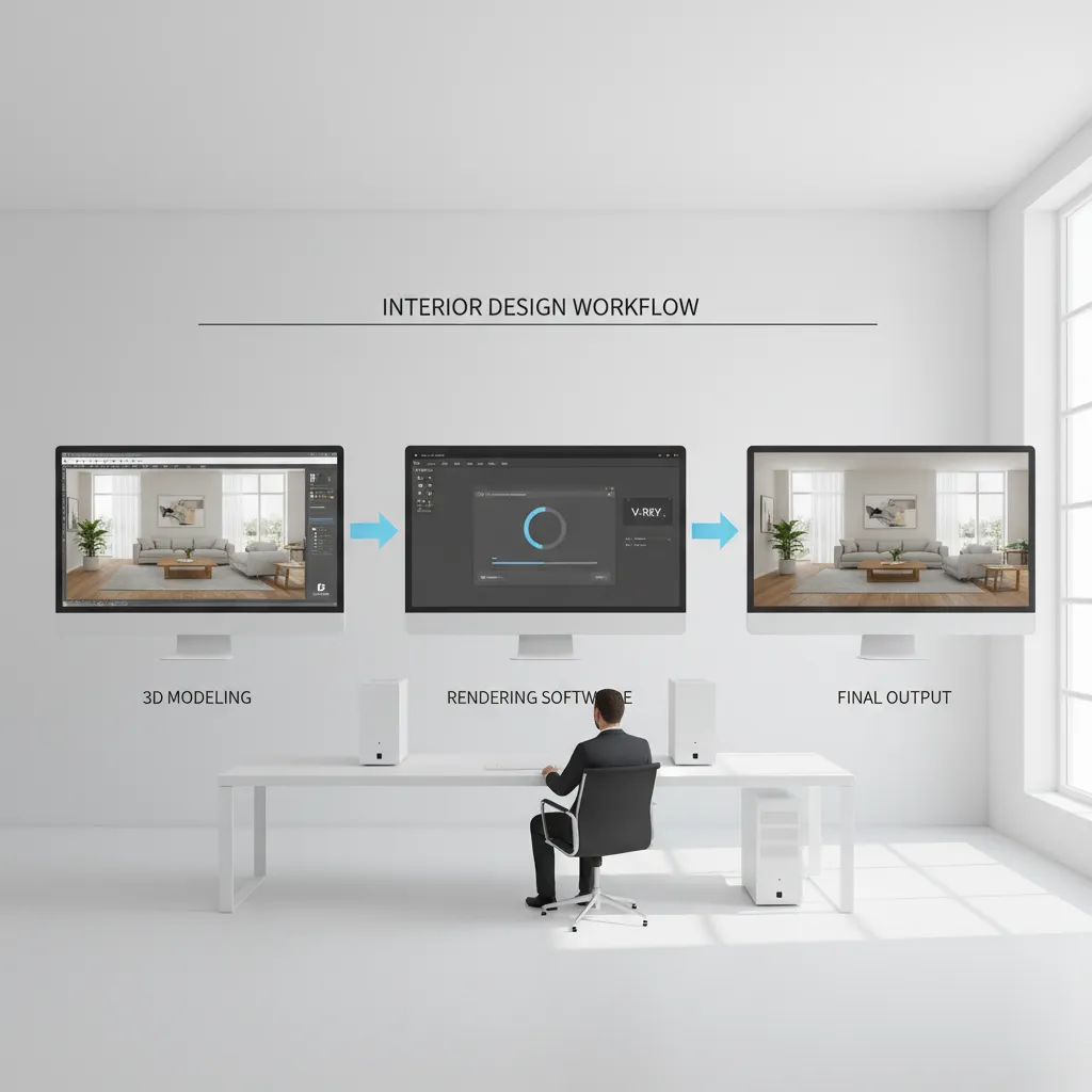 Interior design workflow showing modeling software connected to rendering tools
