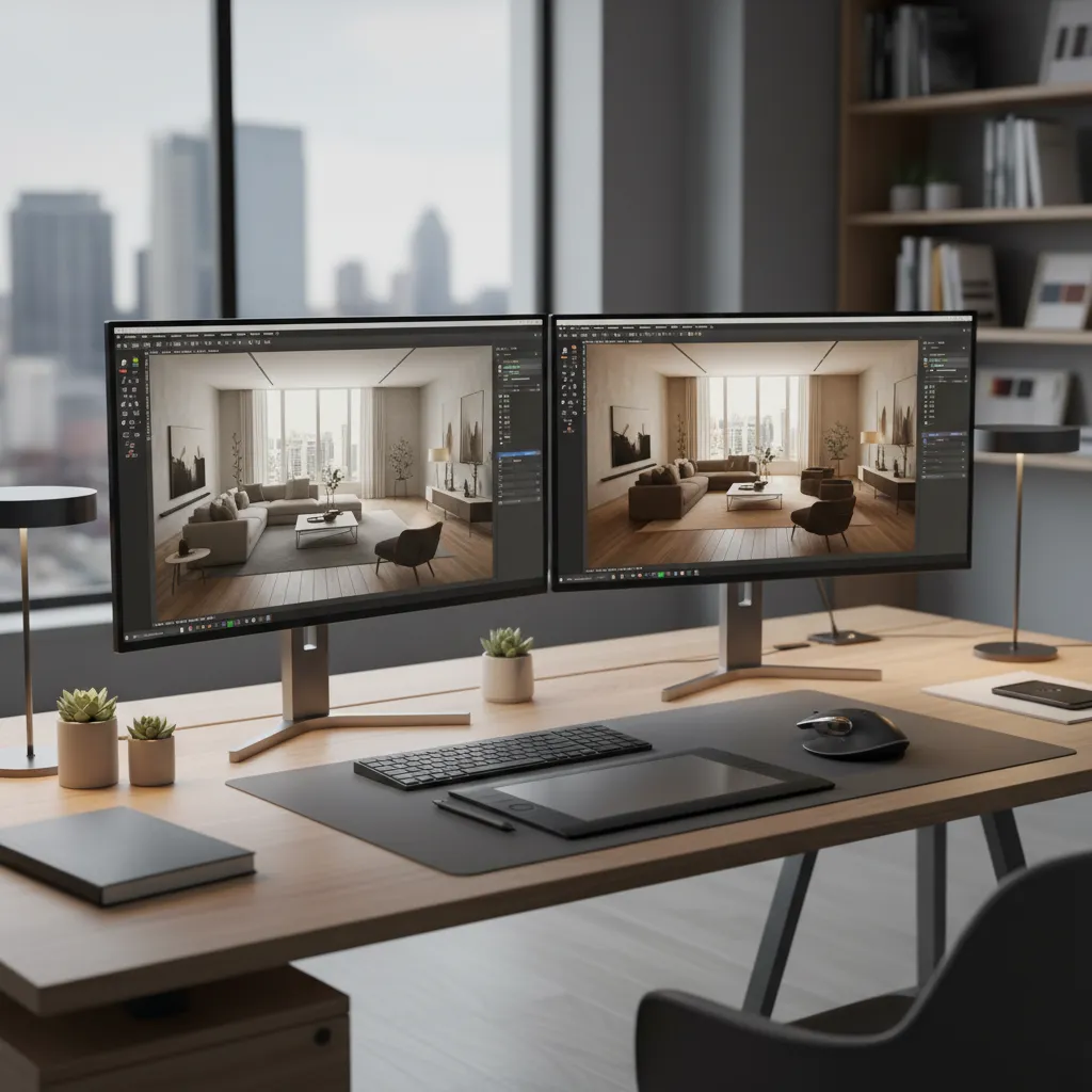 designer working on 3D interior layout and rendering software on computer screen