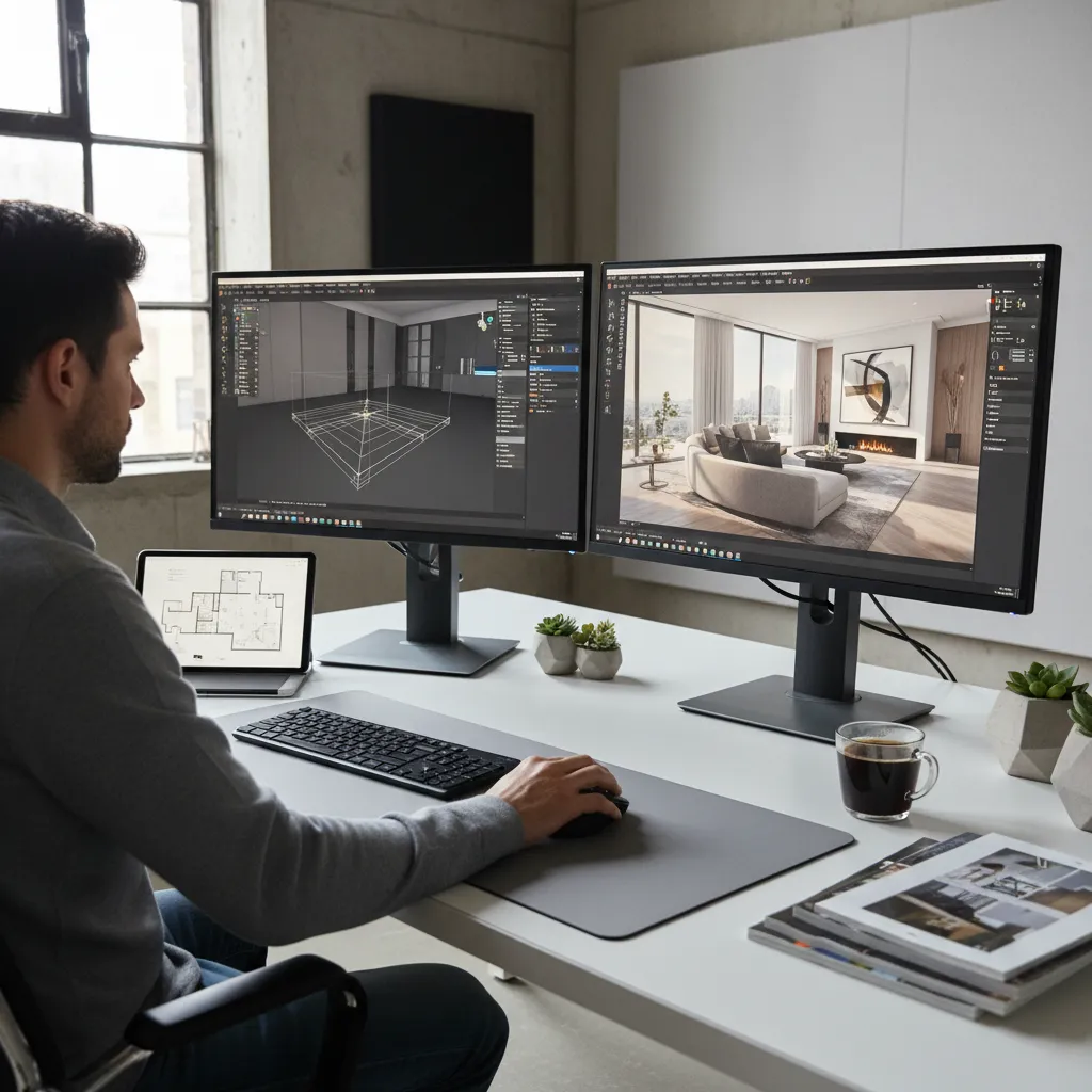Designer using interior design software on dual monitors showing 3D models and realistic living room
