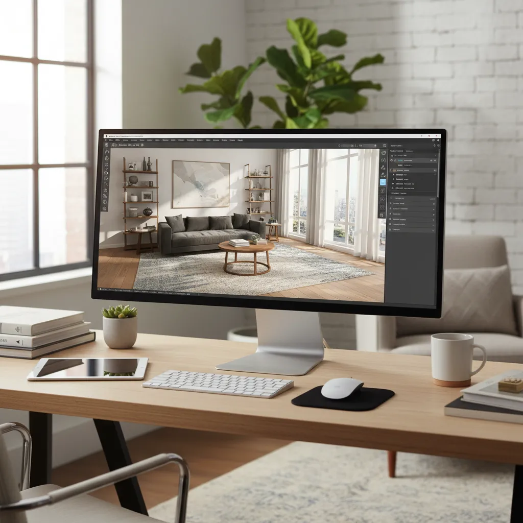 Designer working on interior rendering software with modern living room model on screen