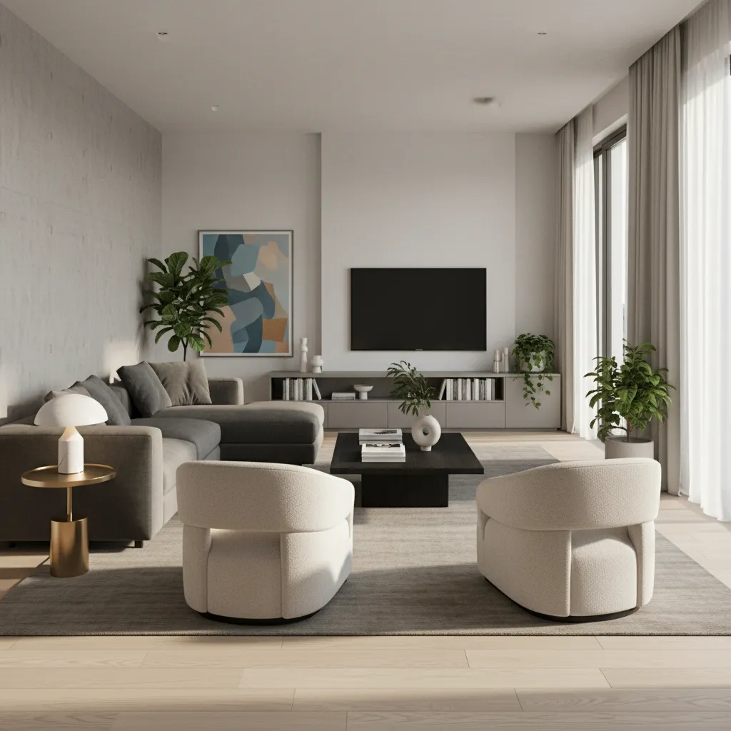 Interior rendering demonstrating space planning and furniture circulation in a living room