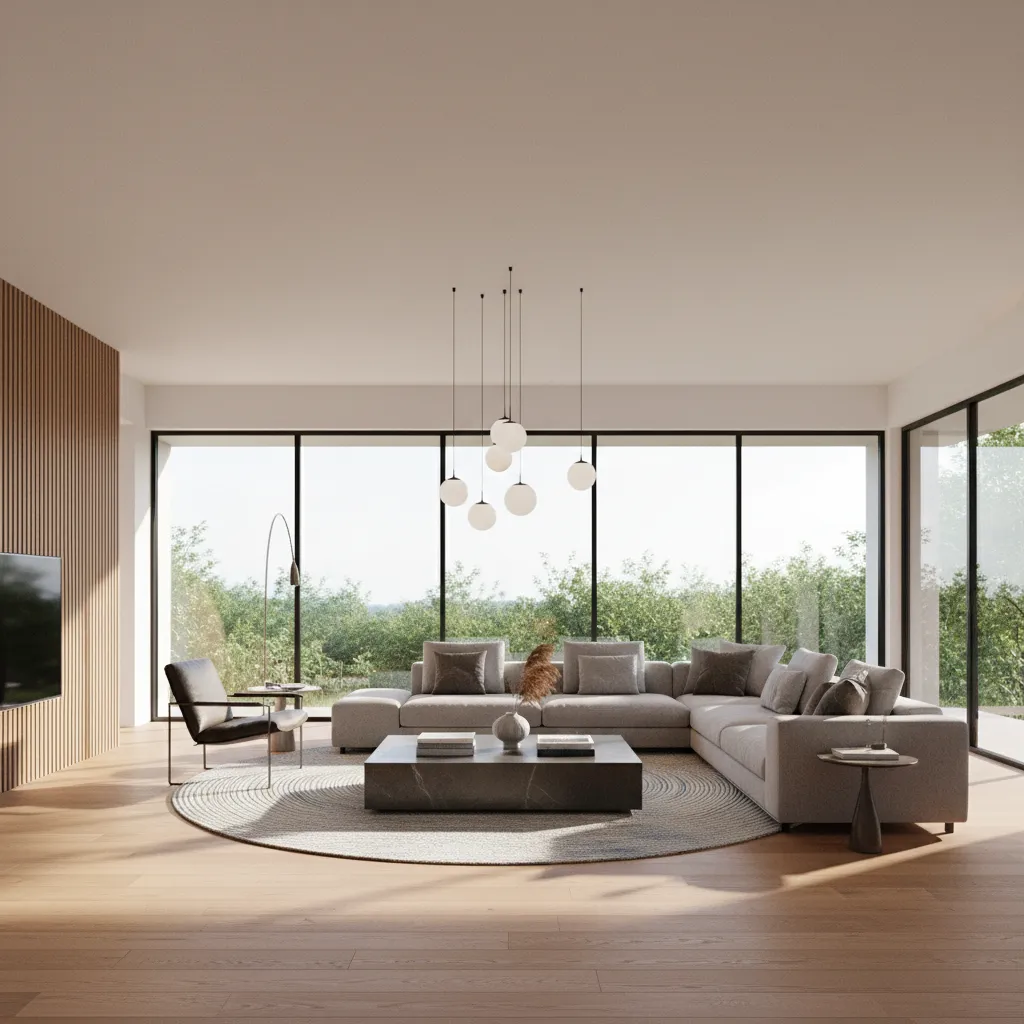 photorealistic living room render used to demonstrate cloud rendering performance