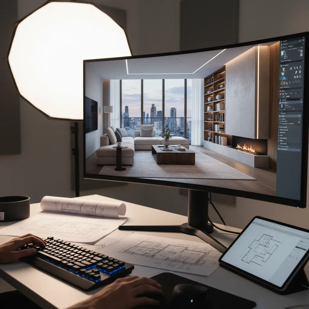 Designer using computer and tablet to create interior design drawing with city view and paper blueprints
