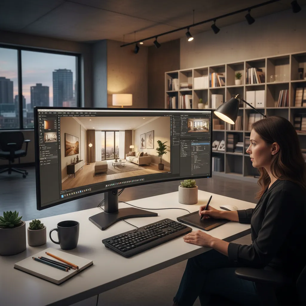 interior designer working with real time rendering software on large monitor