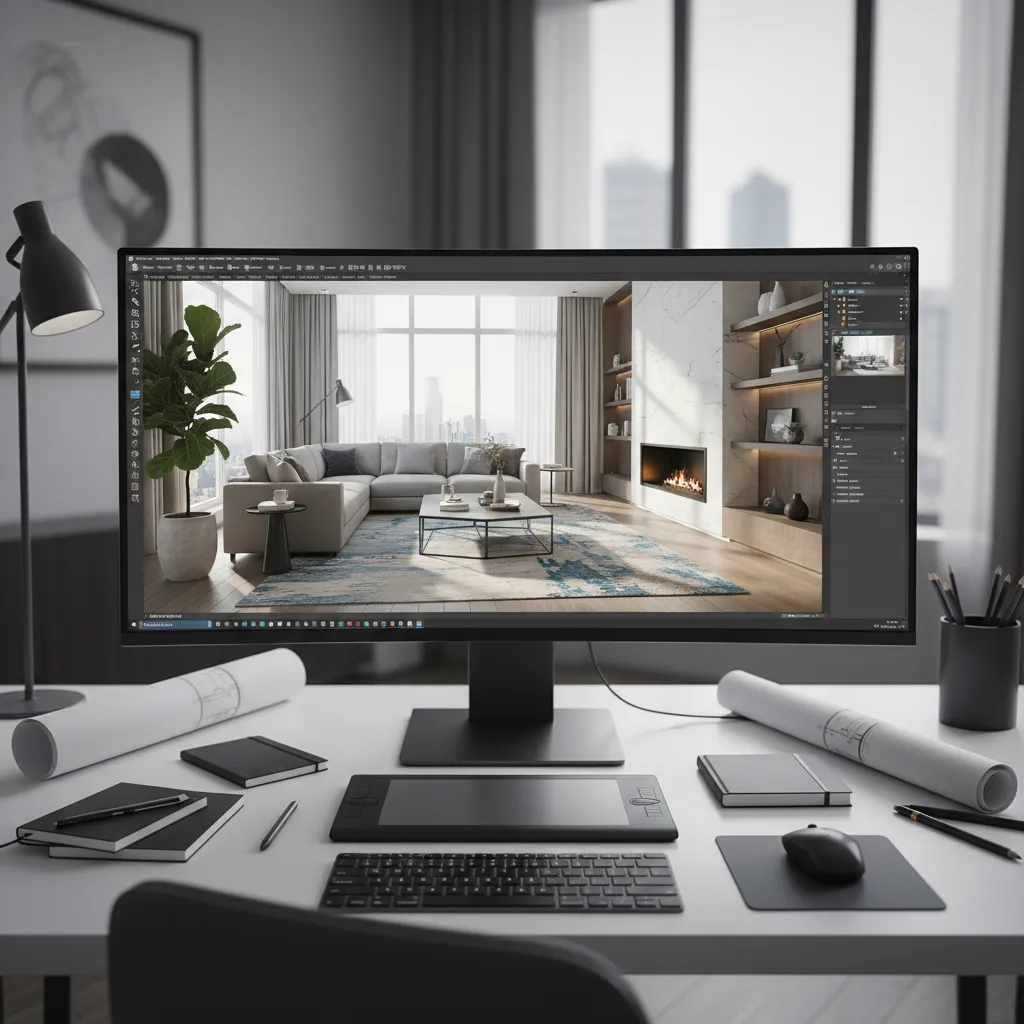 3D interior rendering software interface showing a modern living room scene in progress