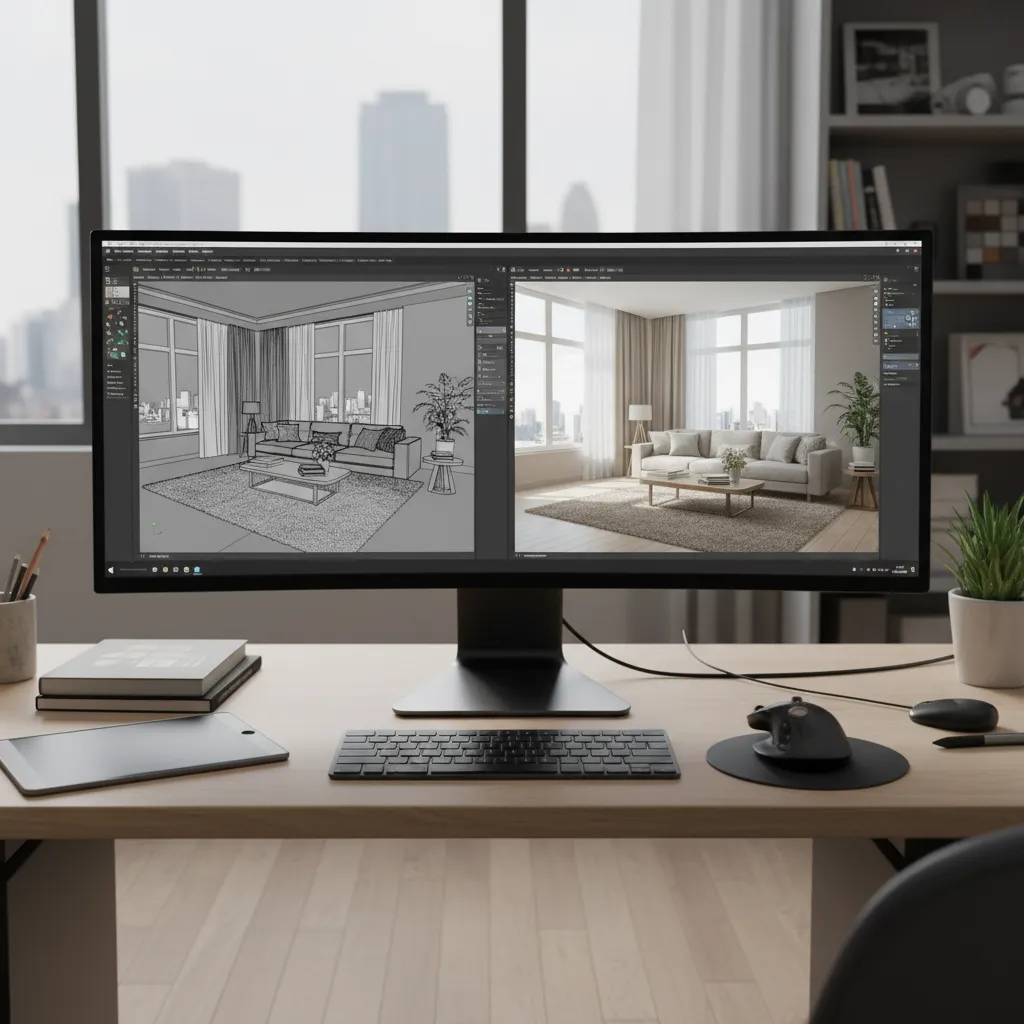 interior rendering workflow showing model to final visualization process