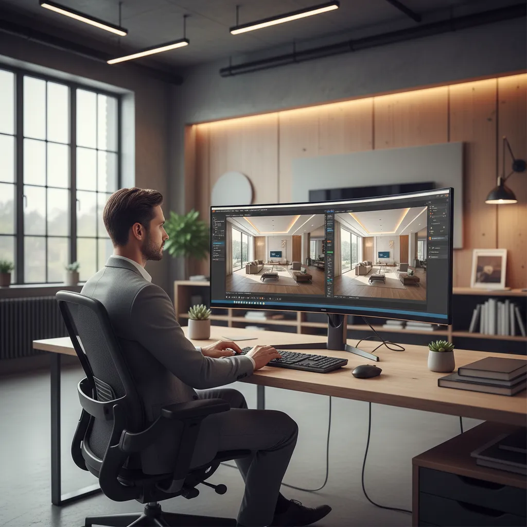 Designer working with 3D interior model and rendering preview on computer screen