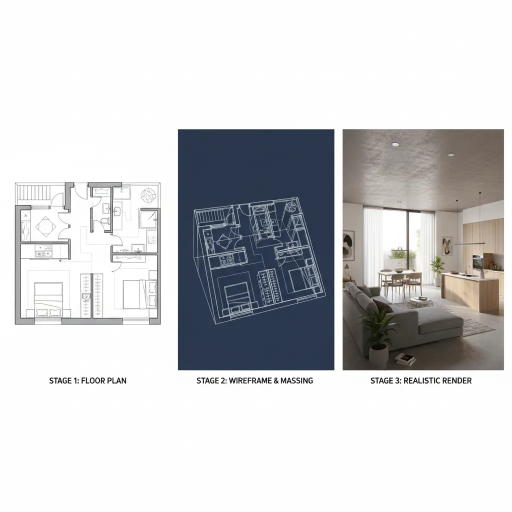 Interior rendering workflow from floor plan to final photorealistic render