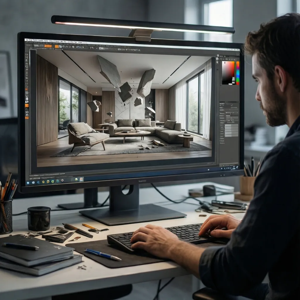 Diseñador trabajando en un render realista de un interior moderno