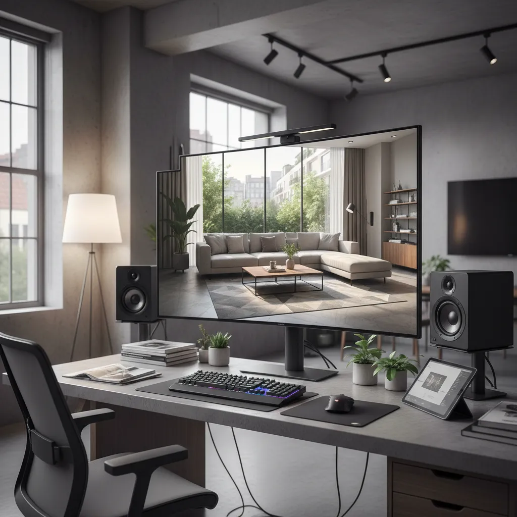Modern workstation with large monitor displaying an interior design drawing of a bright living room
