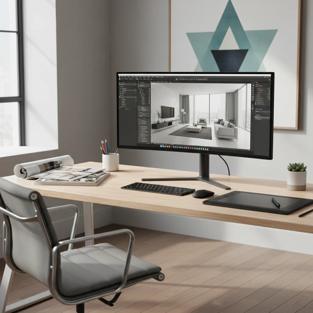 interior designer working on 3D home rendering software at workstation