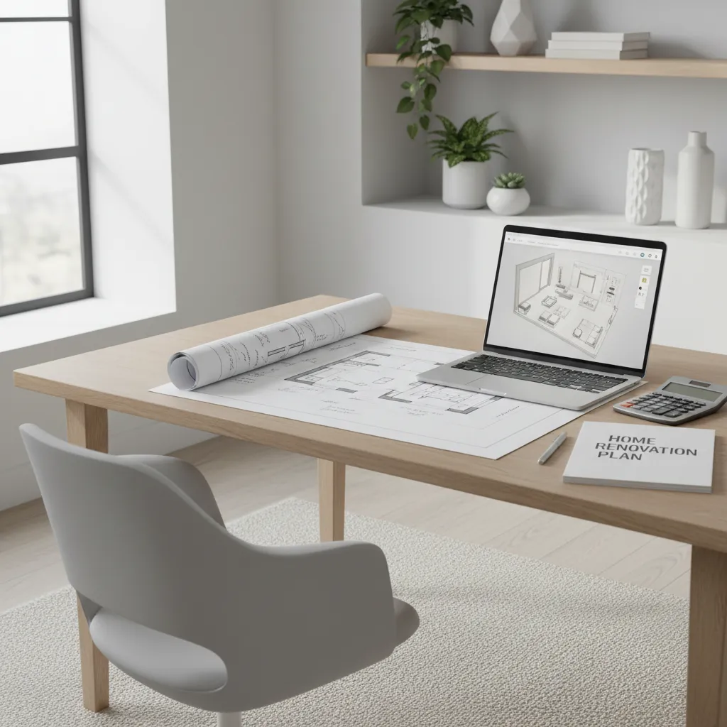 Homeowner planning renovation budget with floor plans and laptop