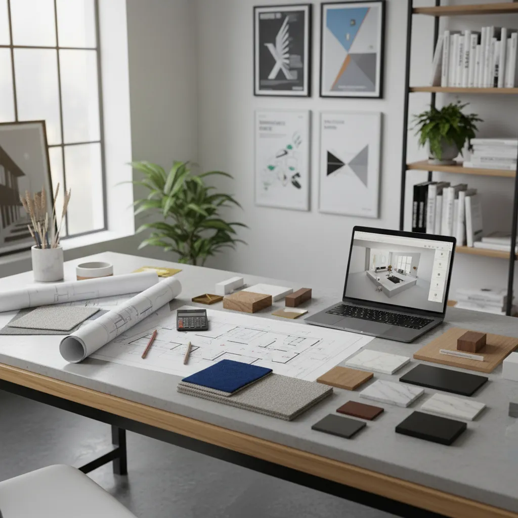 Home renovation planning workspace with floor plans material samples and budgeting notes