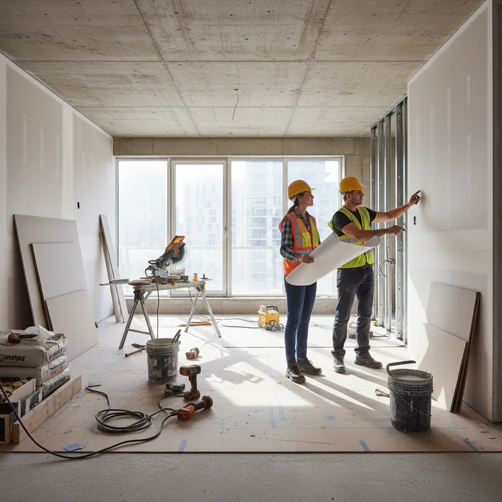 Obra de reforma interior con planos y materiales en construcción