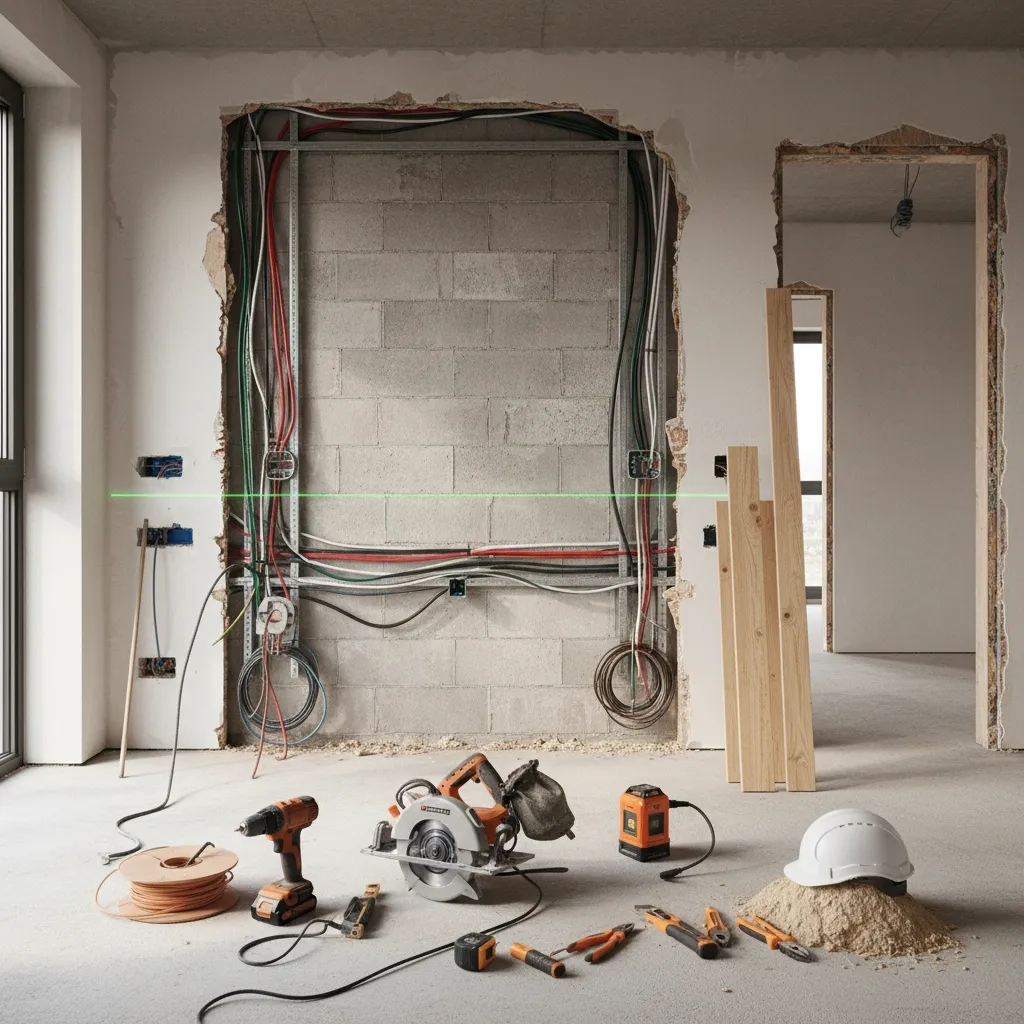 Detalle de obra en vivienda mostrando instalación eléctrica y reformas interiores